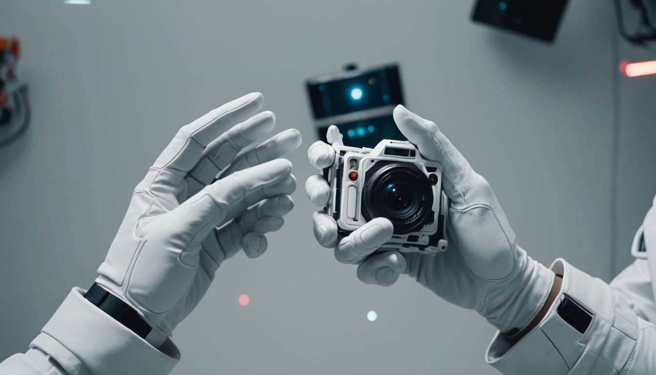 Futuristic Artifact Held in Gloved Hands: Cinematic Shot