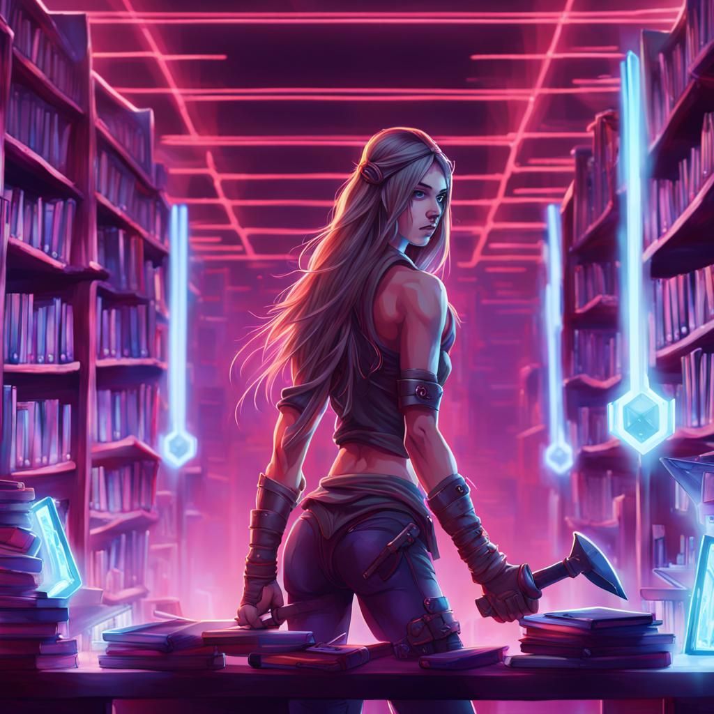 Warrior Girl Rises in Neon Gaming Library