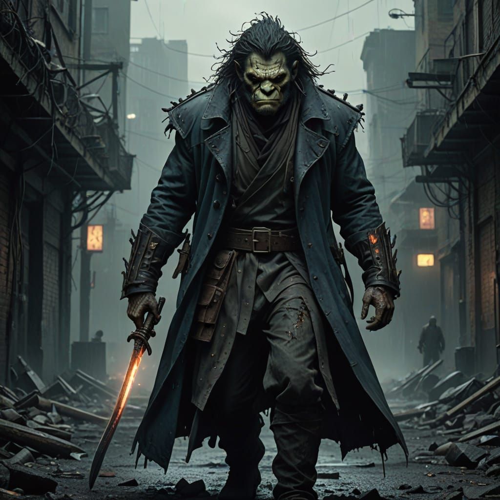 Gritty Troll Warrior in Shadowrun Attire, Dark Skin, Burned ...