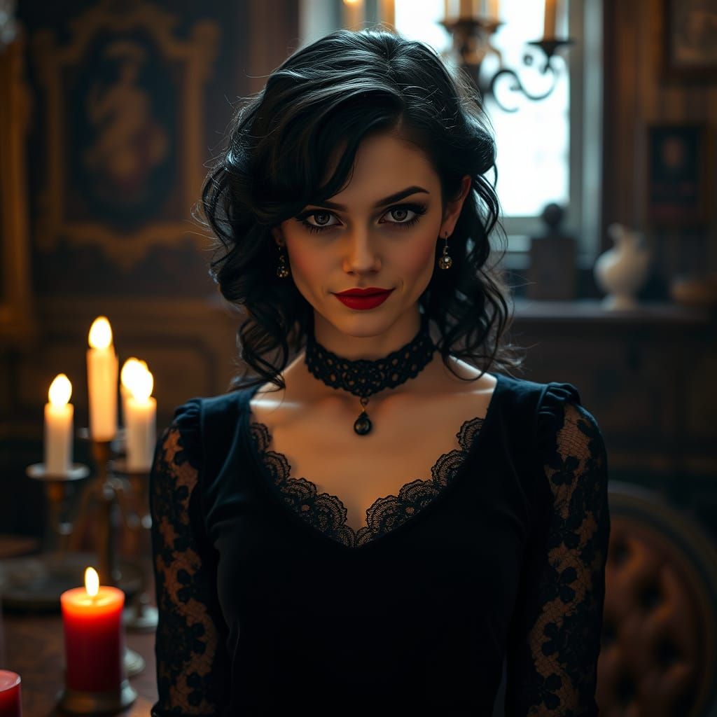 Ethereal Gothic Beauty in Candlelit Shadows