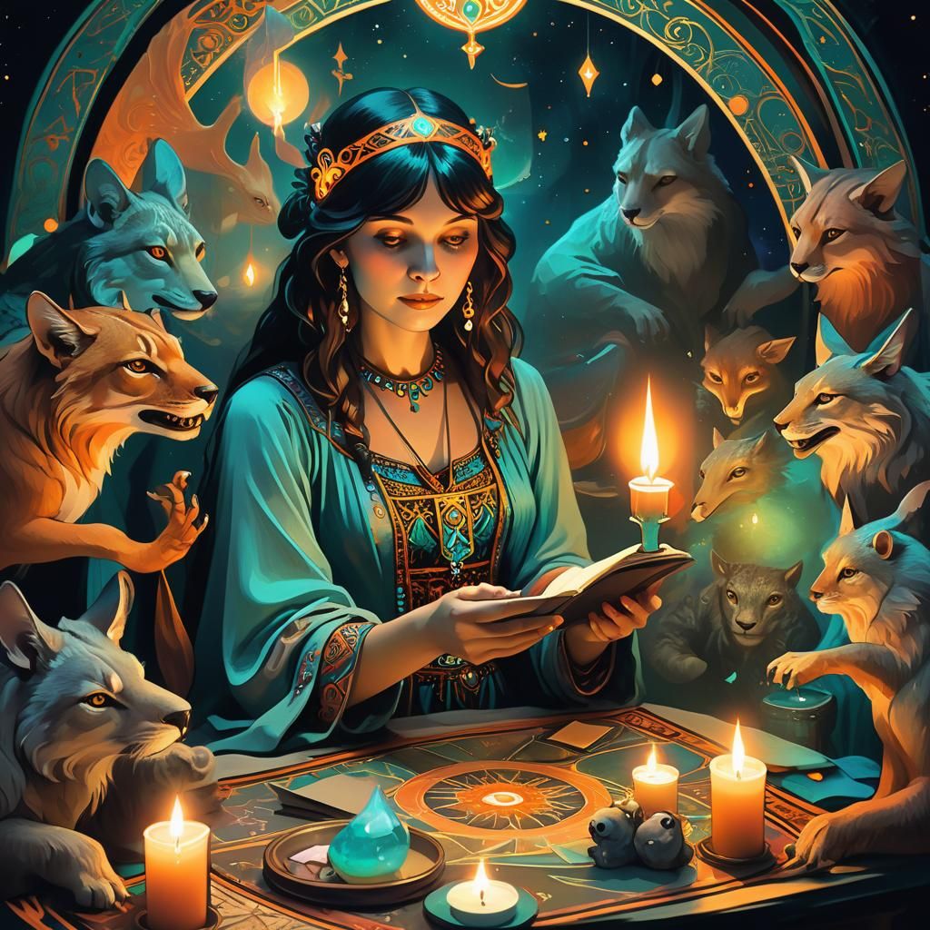 Mystical Fortune Teller Tarot Card Illustration