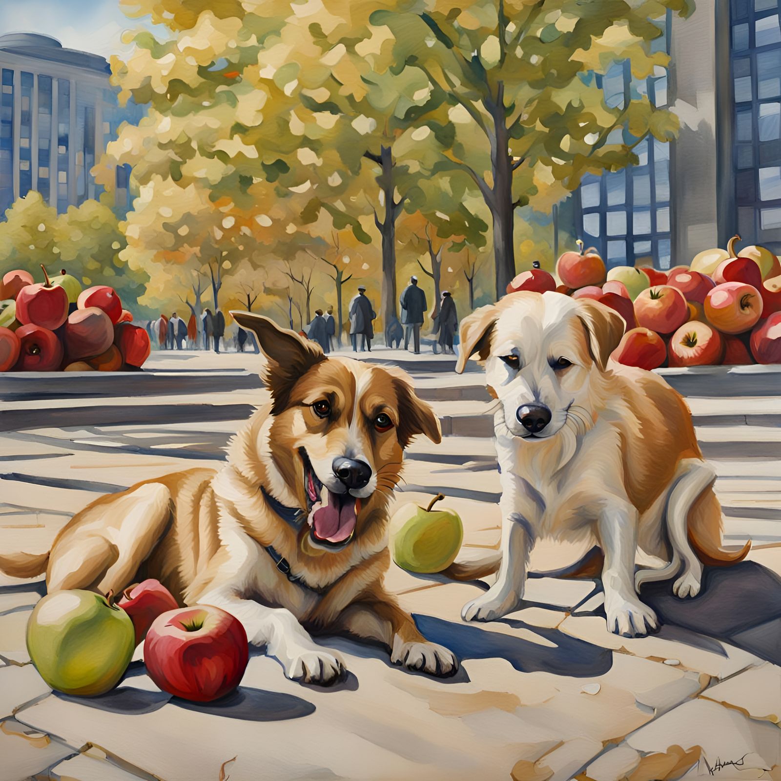 Dogs Licking Apples: Hudson River School Watercolor