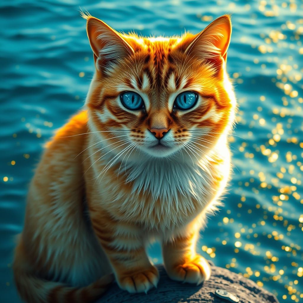 Regal Gold Cat Basks in Azure Ocean Glow