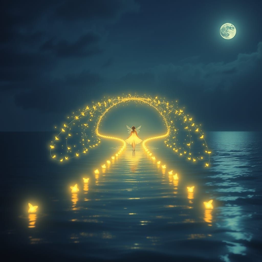 At night over a calm ocean, two glowing lines of small fairi...