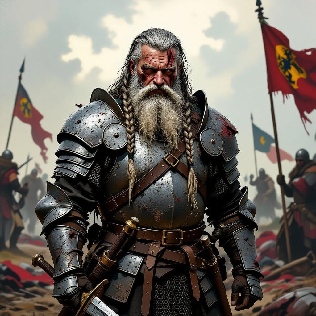 Grizzled Warrior on Battlefield in Gritty Realism Style