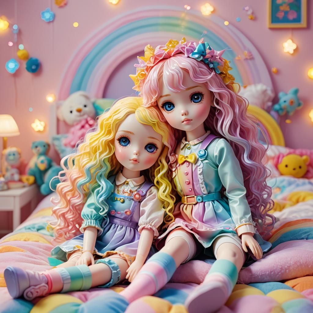 Pastel Anime Porcelain Dolls on Plush Bed