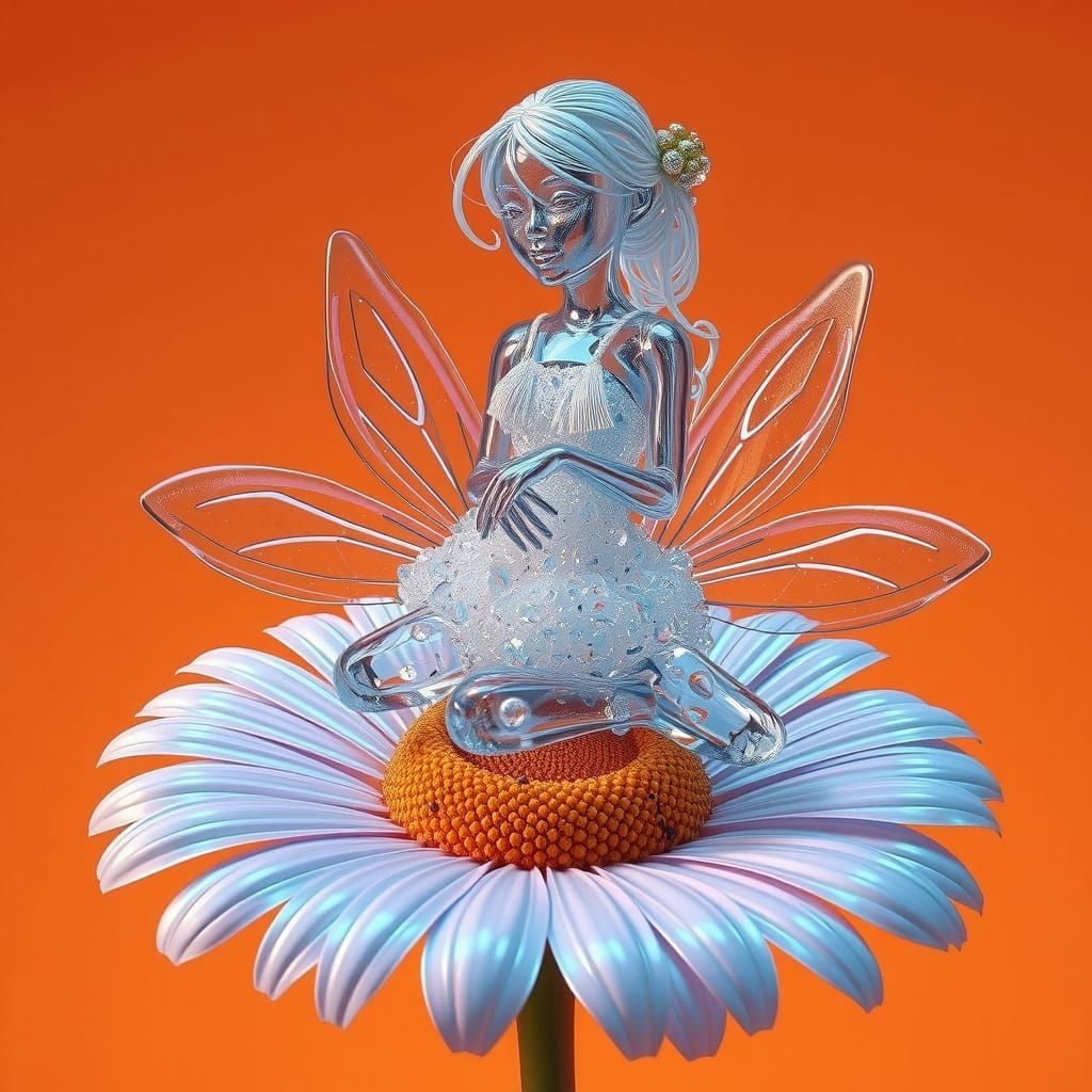 Glass Fairy on Daisy, Orange Background
