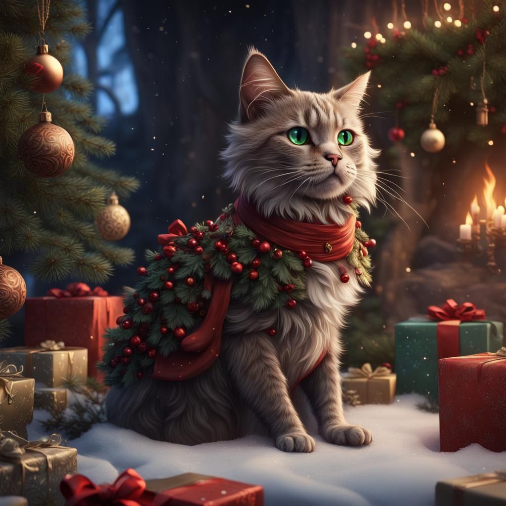 Festive Christmas Cat in Detailed Matte Painting