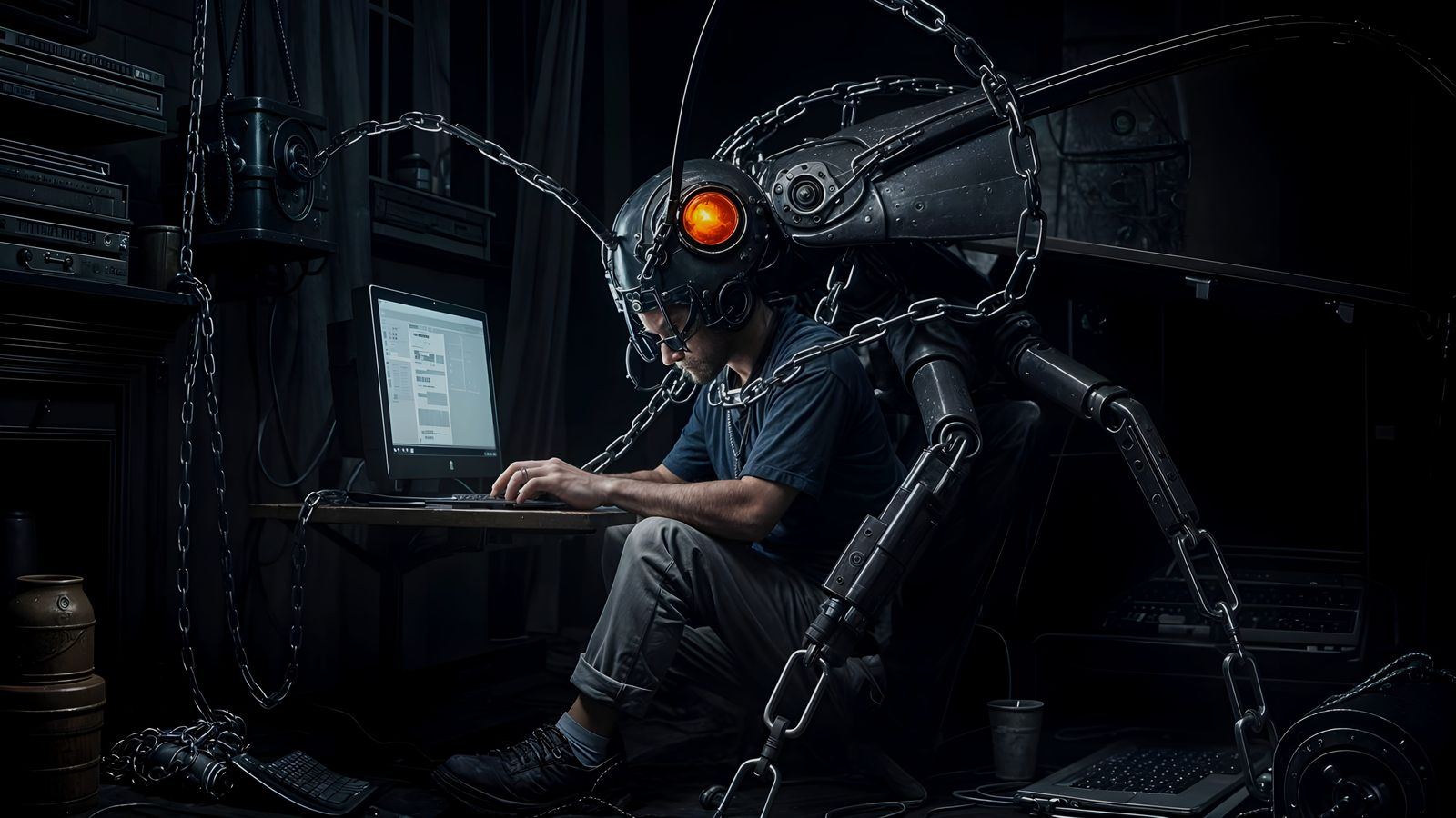 Writer Bound to Insect Robot in Cyberpunk Apartment Scene