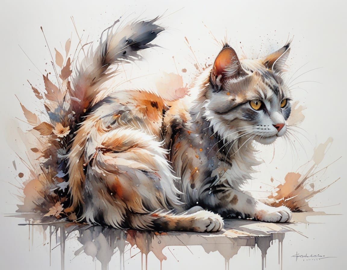 Cat on Windowsill in Morning Light, Stylized Watercolour