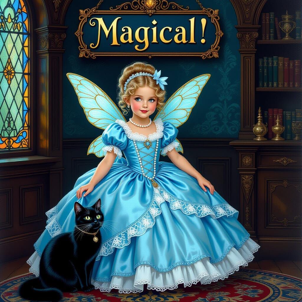 Victorian Girl with Fairy Wings in Ravenclaw Room