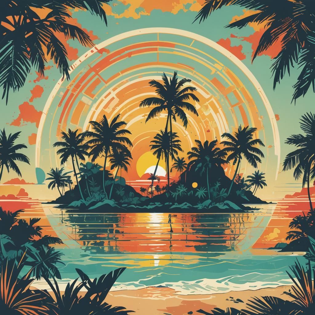 Tropical Island Sunrise in Pop Art Style