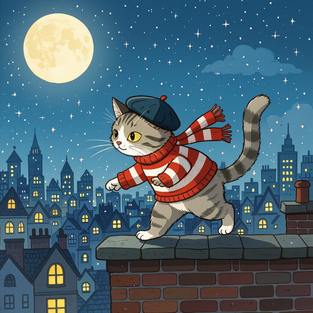 Cat Burglar on Rooftop in Ghibli Style