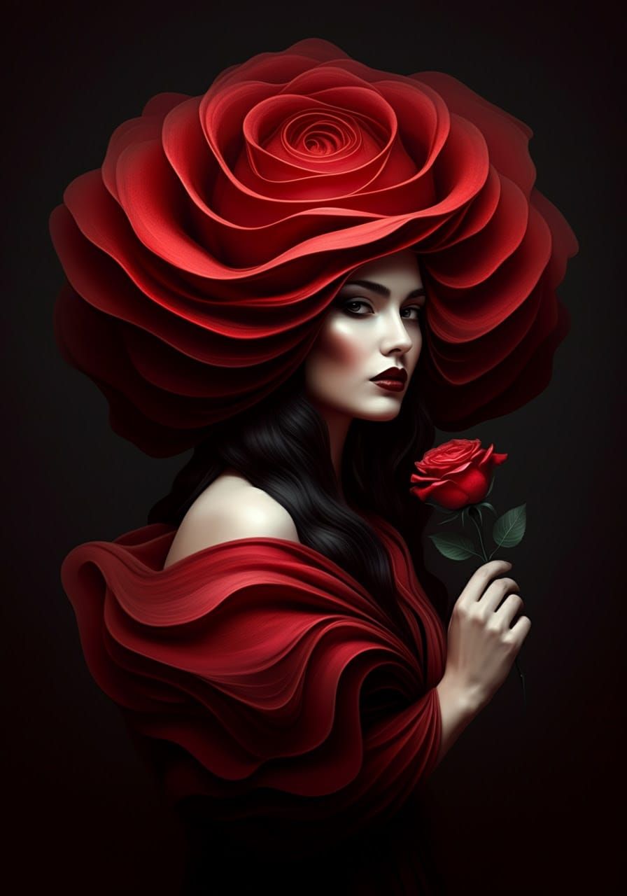Surrealist Woman in Crimson Rose Halo