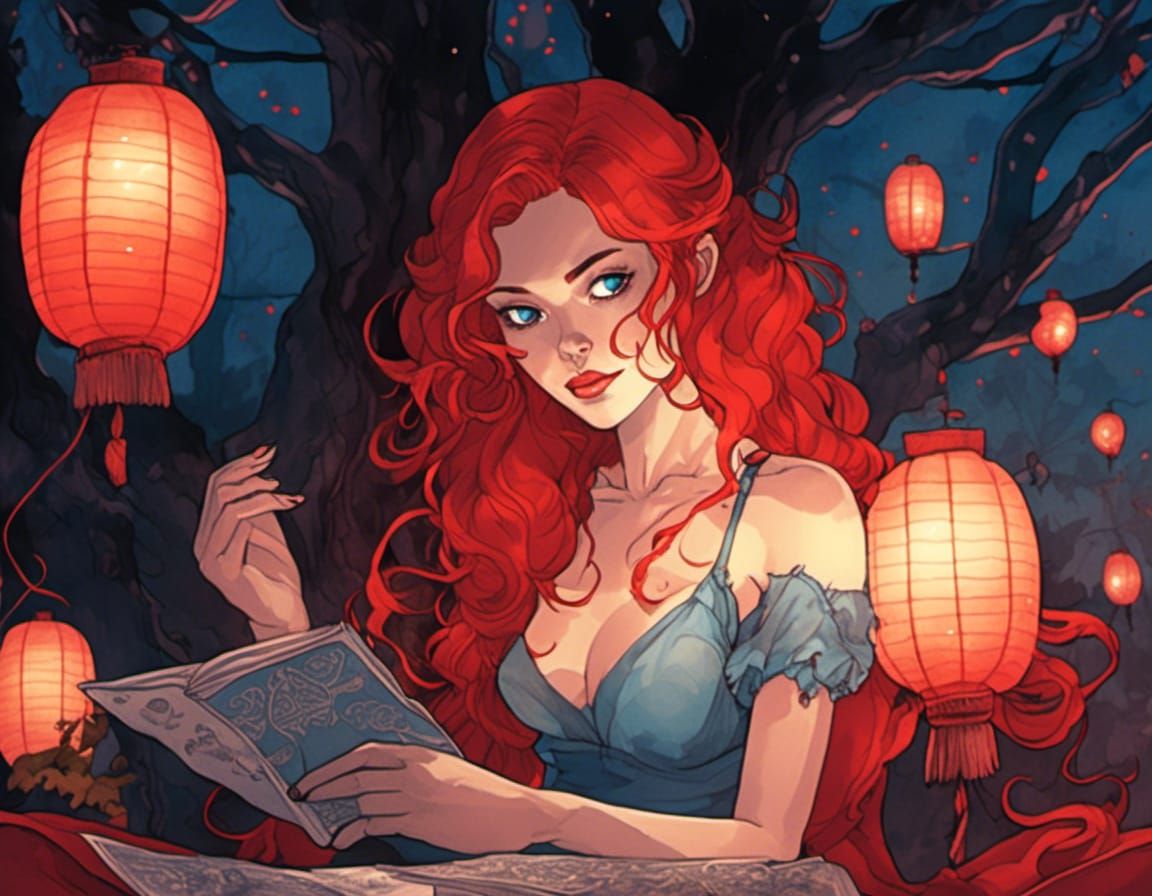 Red-Haired Damsel Reading in Cartoon Fantasy Style