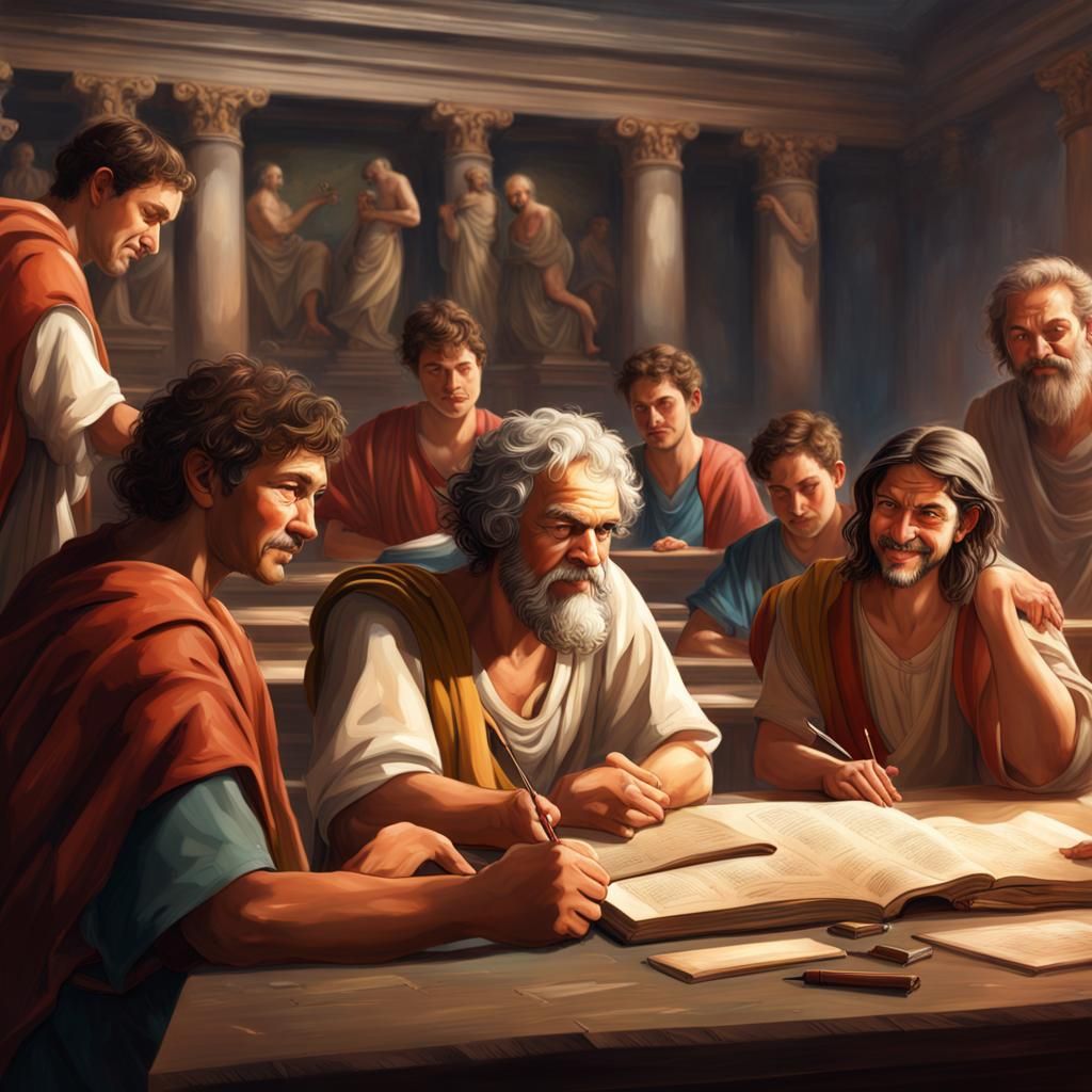Socrates and Students in Ancient Classroom: Hyperrealistic A...
