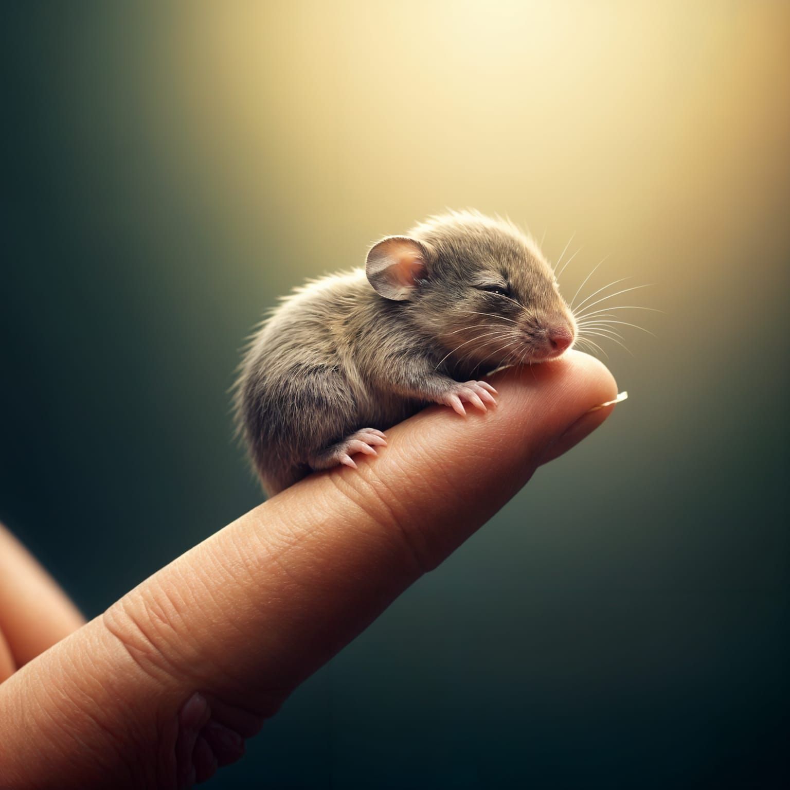 Tiny Baby Mouse Snuggled on a Human Finger in Dreamy Realism