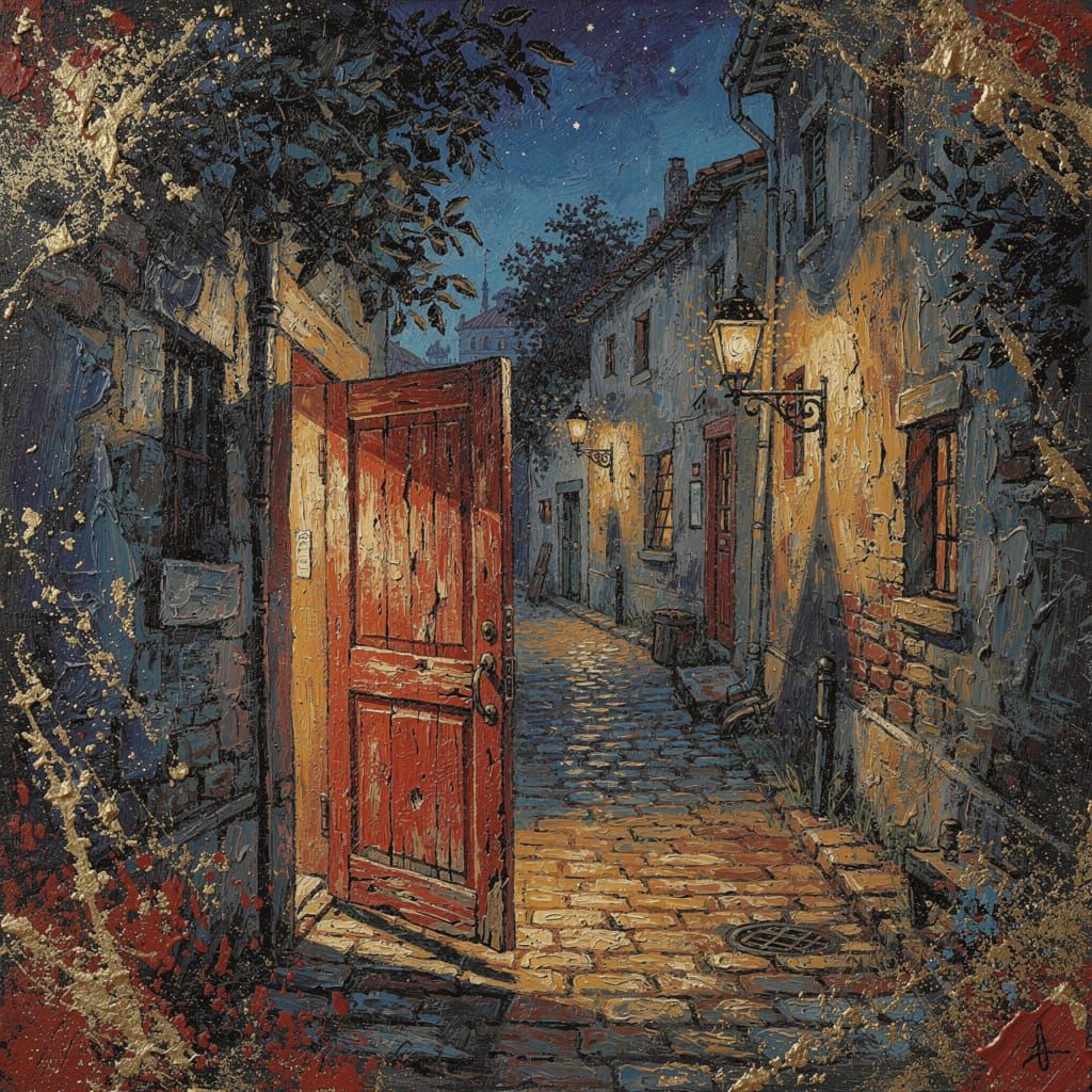 Rustic Doorway to Cobblestone Alley at Night