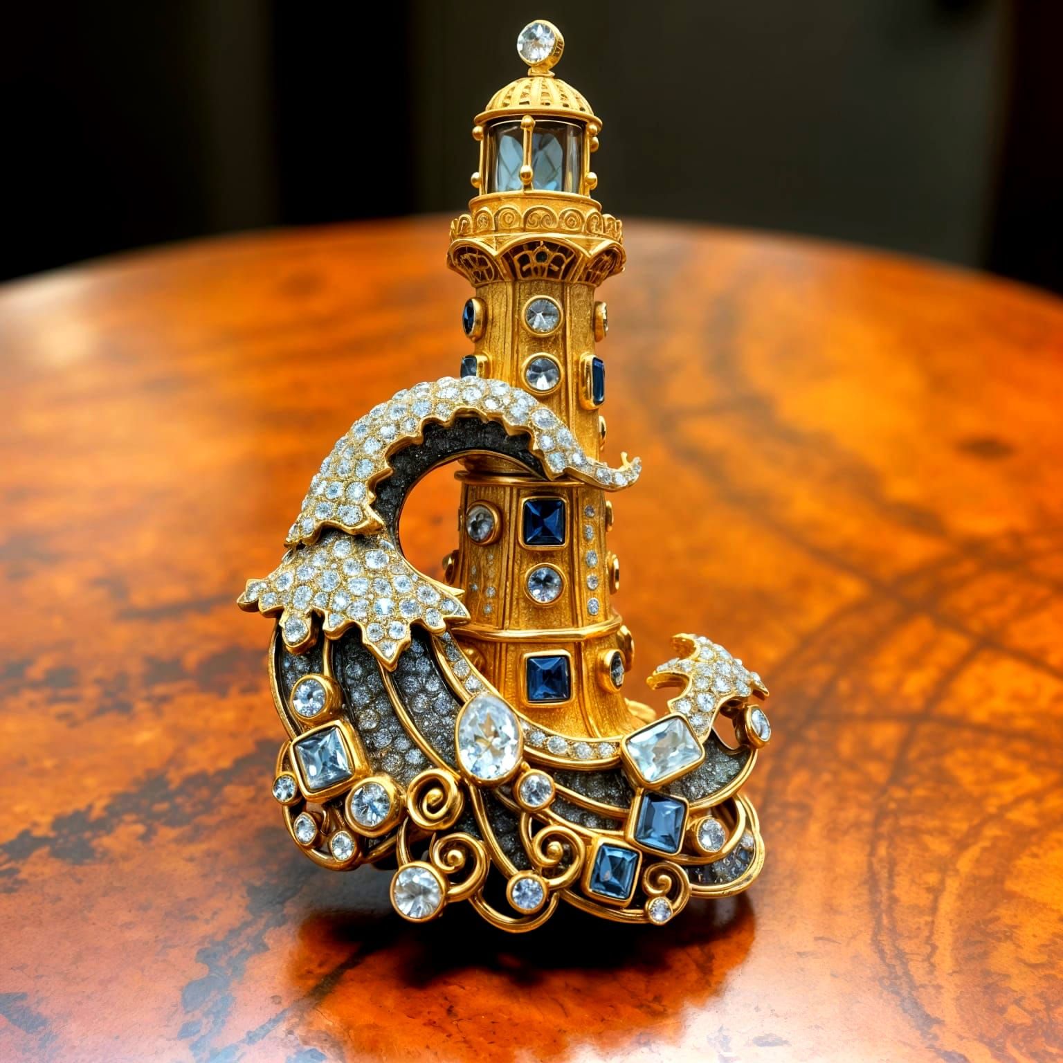 Sparkly Gemstone Lighthouse Brooch in Gold Filigree