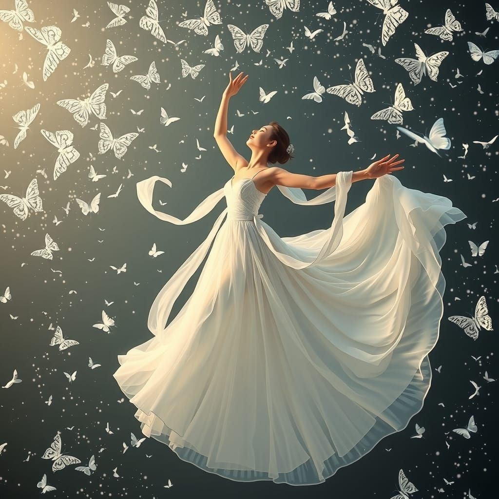Ballerina in White Dress Surrounded by Butterflies