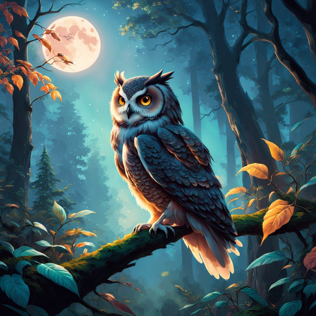 Ethereal Forest Moonlit Scene with Owl Perched on Tree Branc...