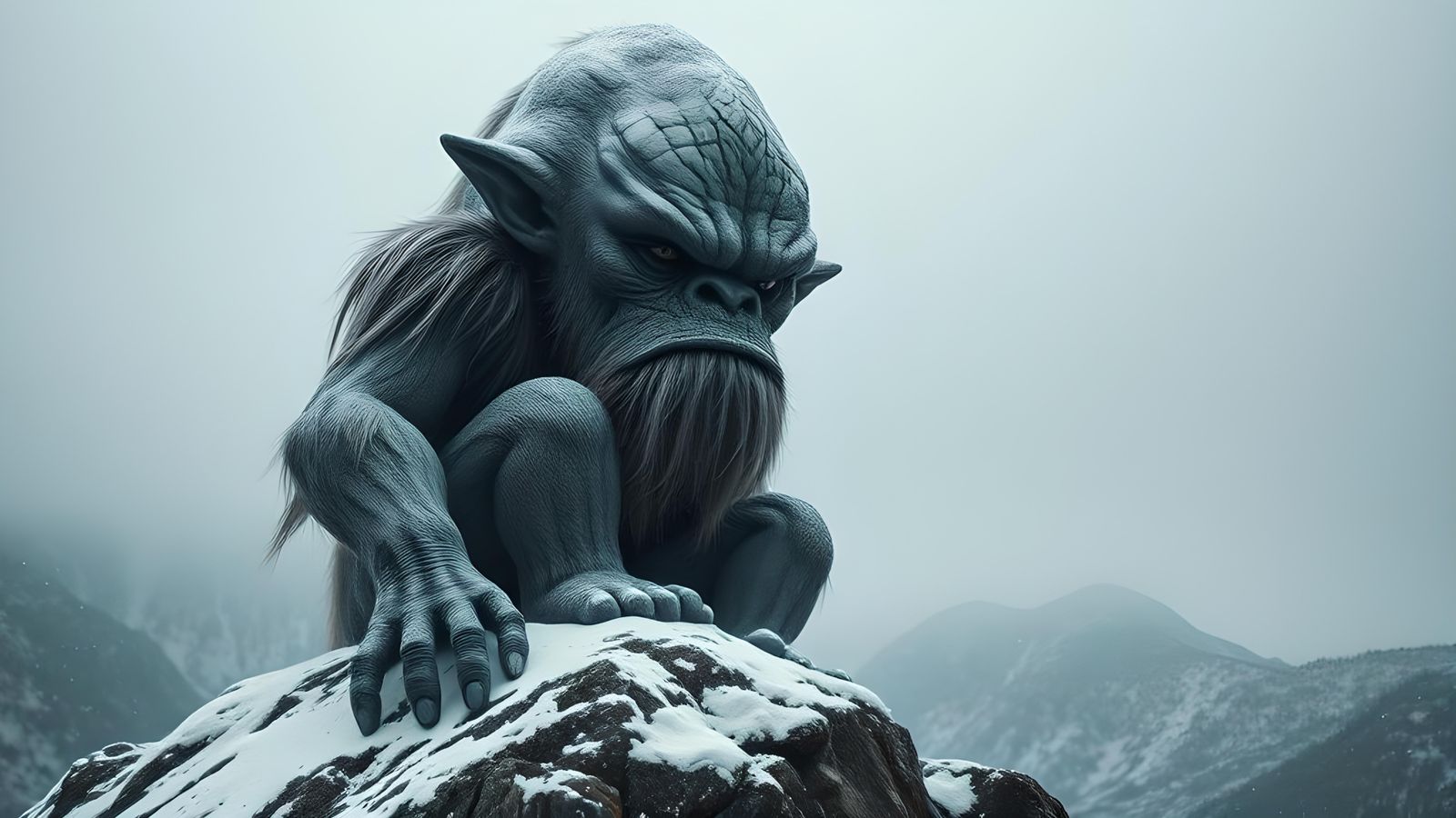 Surreal Troll Portrait on Snowy Mountain