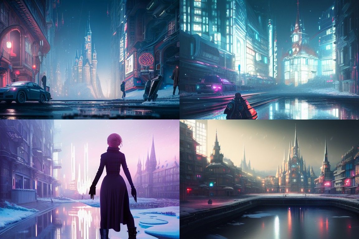 Cyberpunk Frozen Castle Cityscape with Ray Tracing