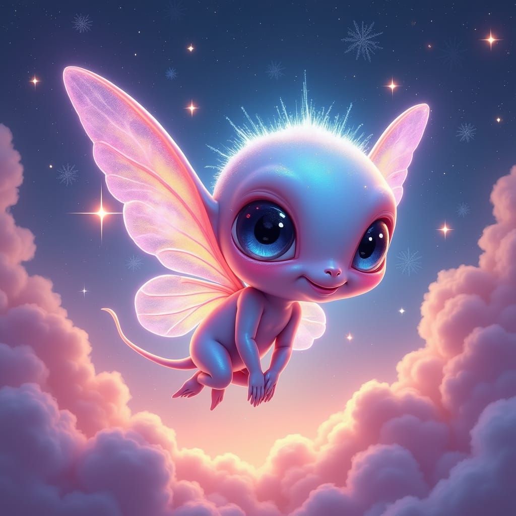 Iridescent Alien Sprite Soaring Through Starry Sky