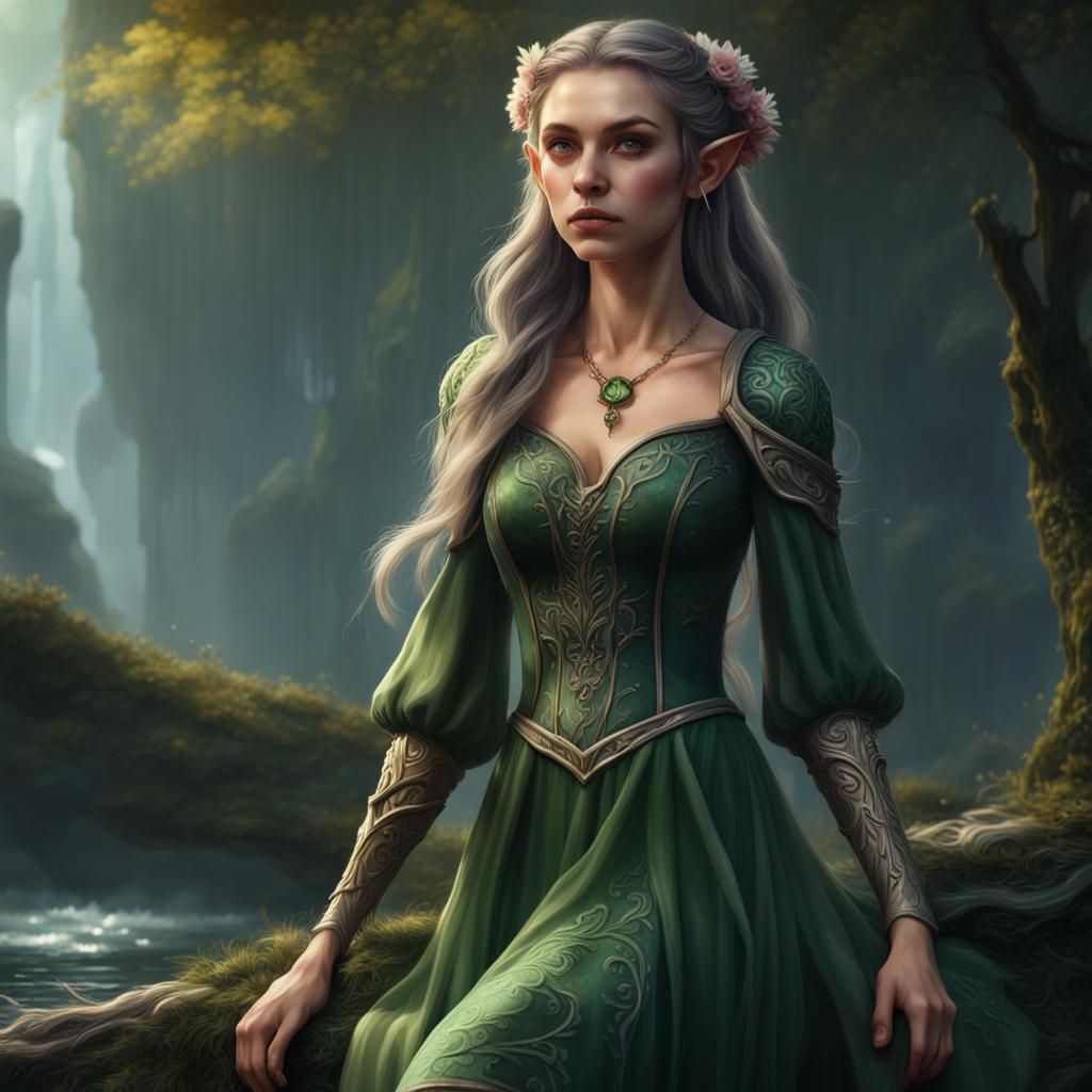 Beautiful Elf Girl in Flowery Green Dress