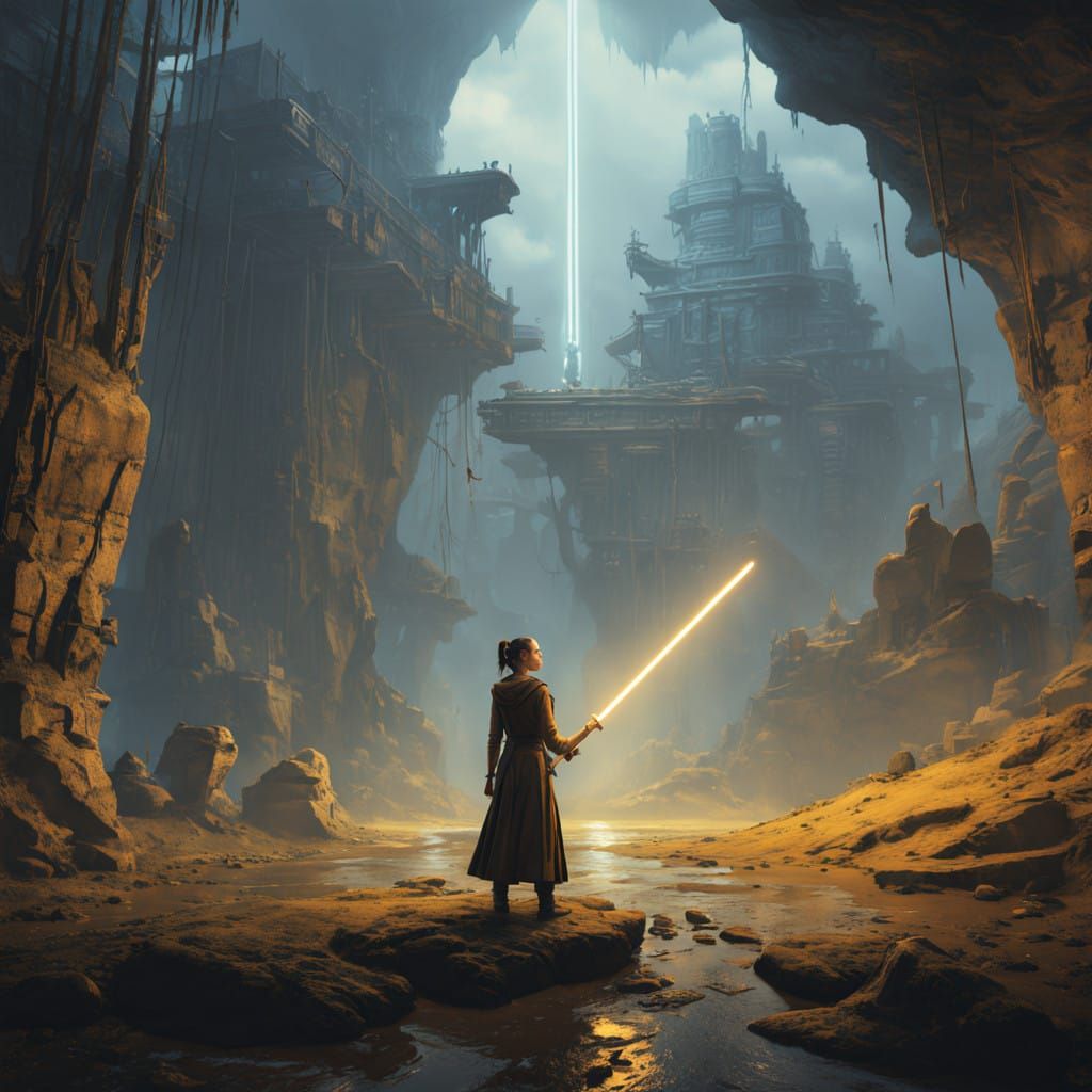 Serene Jedi Woman Meditates in a Dimly Lit Cave with Activat...
