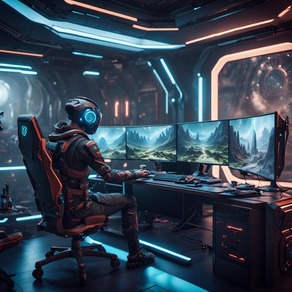 Futuristic Gaming PC Set: Detailed Matte Painting