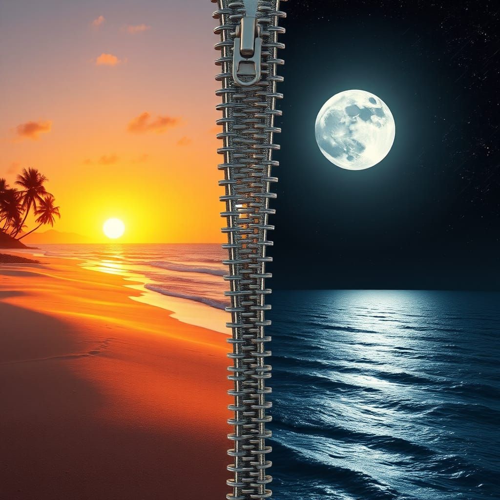 Surreal Zipper Merges Sunset Beach with Moonlit Ocean