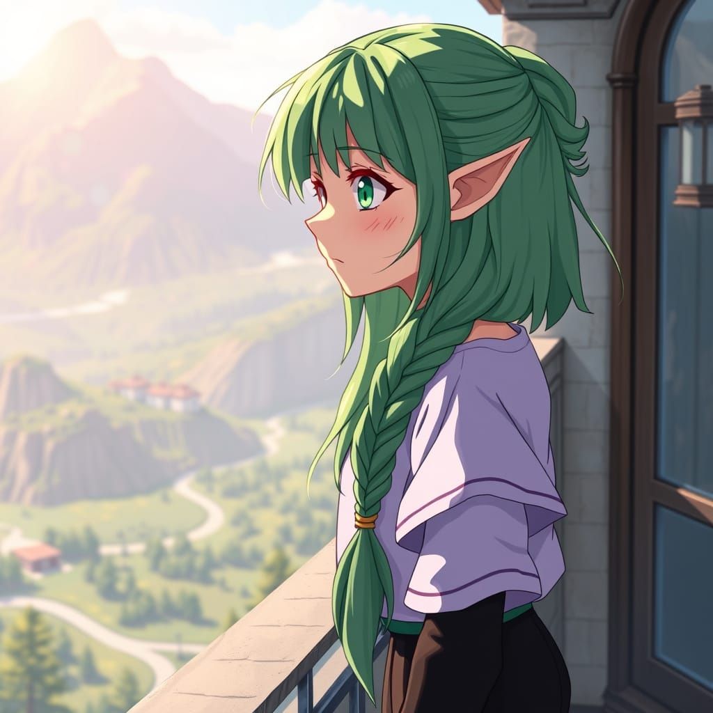 Emerald Mage Contemplates Morning Serenity in Anime Art Styl...