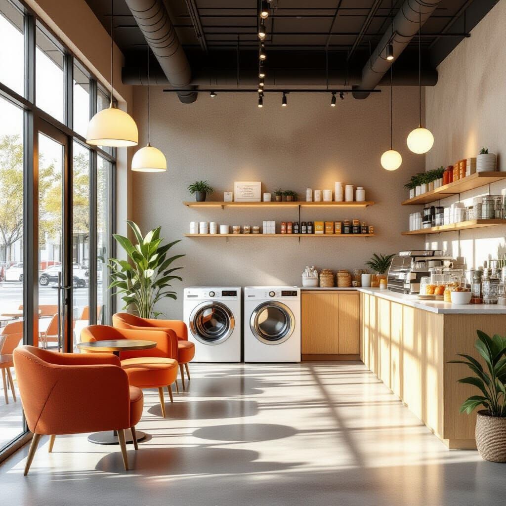 Cozy Cafe Laundromat with Industrial Style and Warm Lighting