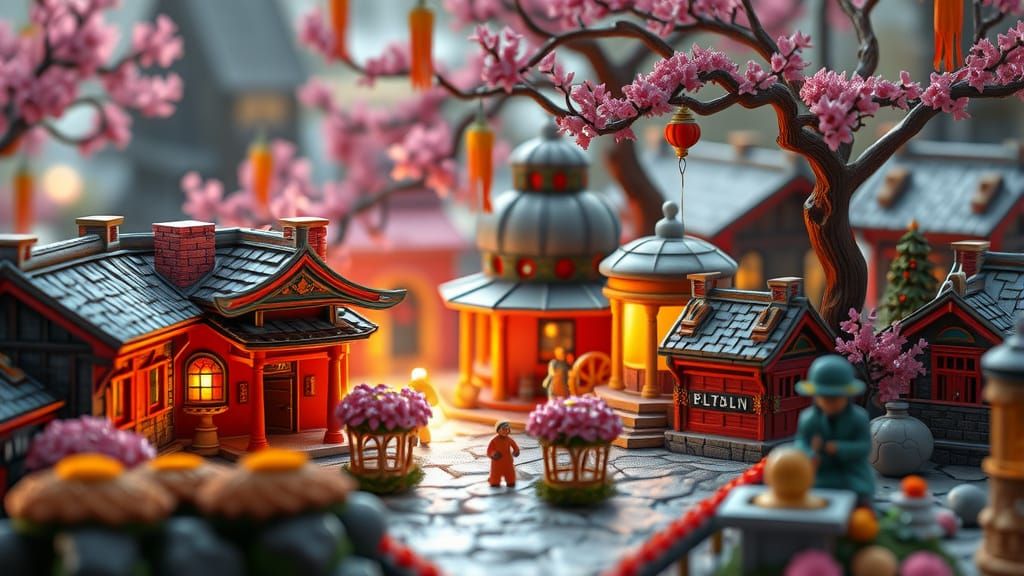 Vibrant Miniature Scene in Cyberpunk Aesthetic with Photorea...