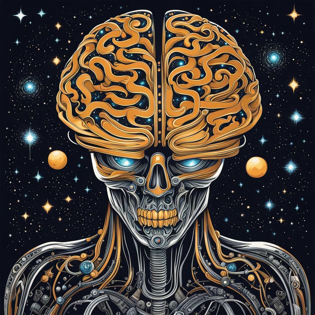 Brain with Legs Walks in Starry Space Cartoon