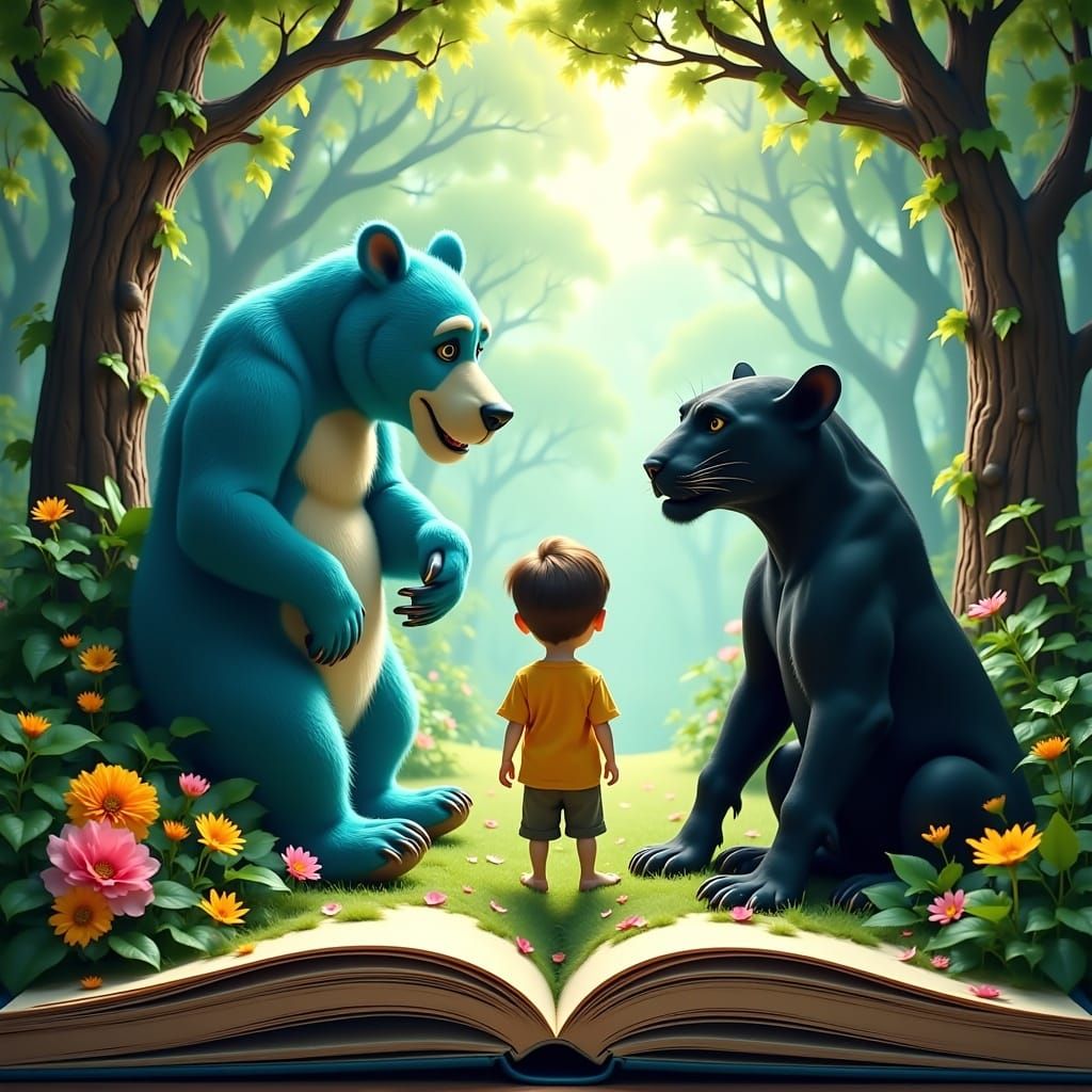 The Jungle Book with a boy in shorts and T-shirt, the blue bear Baloo, and the black panther Bagheera inside a pop-up bo...