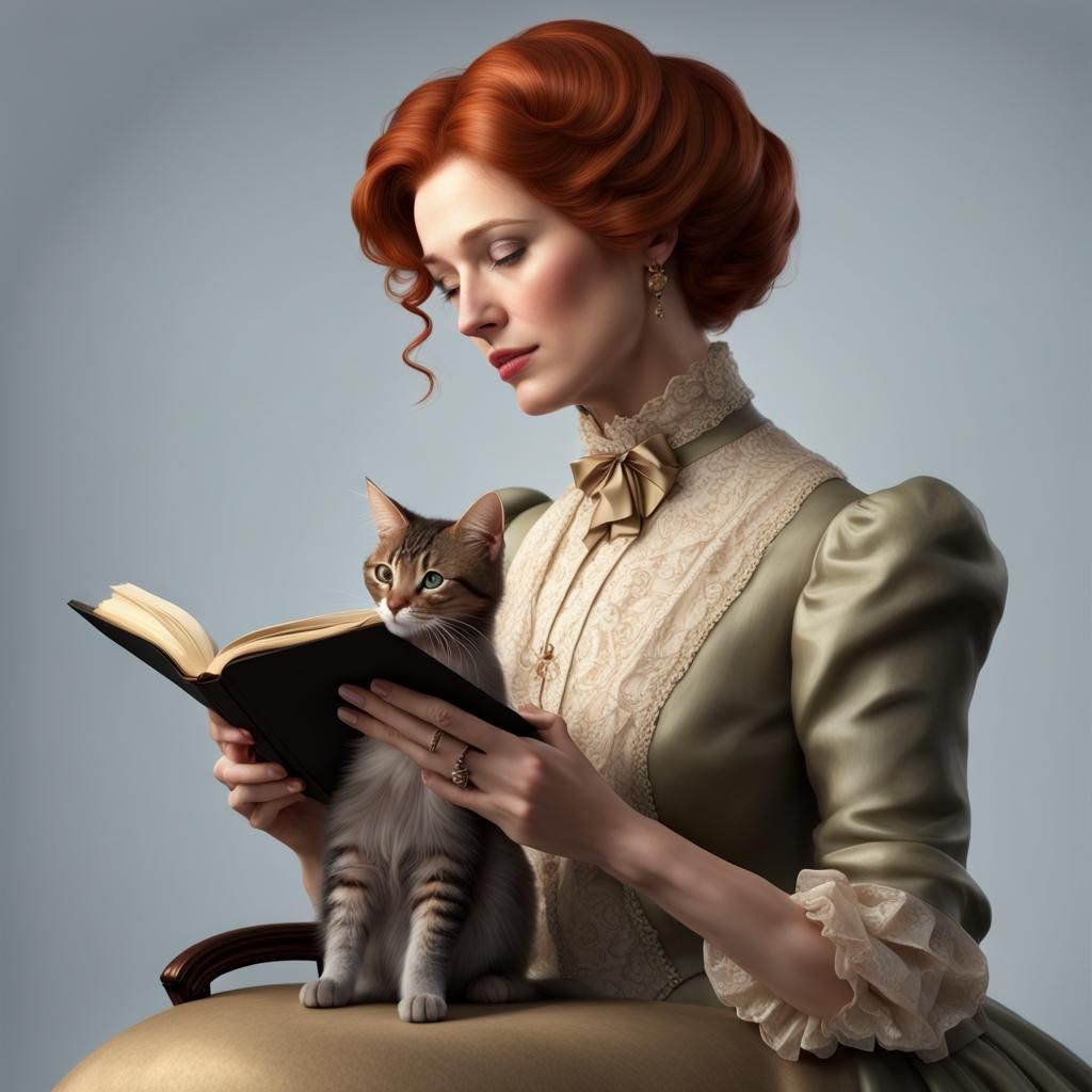 Elegant Victorian Lady Reading with Cat
