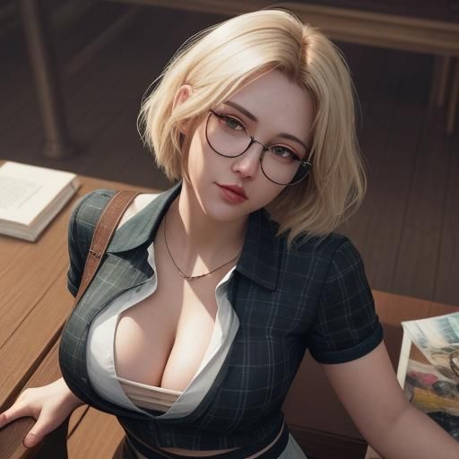 Provocative Schoolgirl in Library: Detailed Matte Painting
