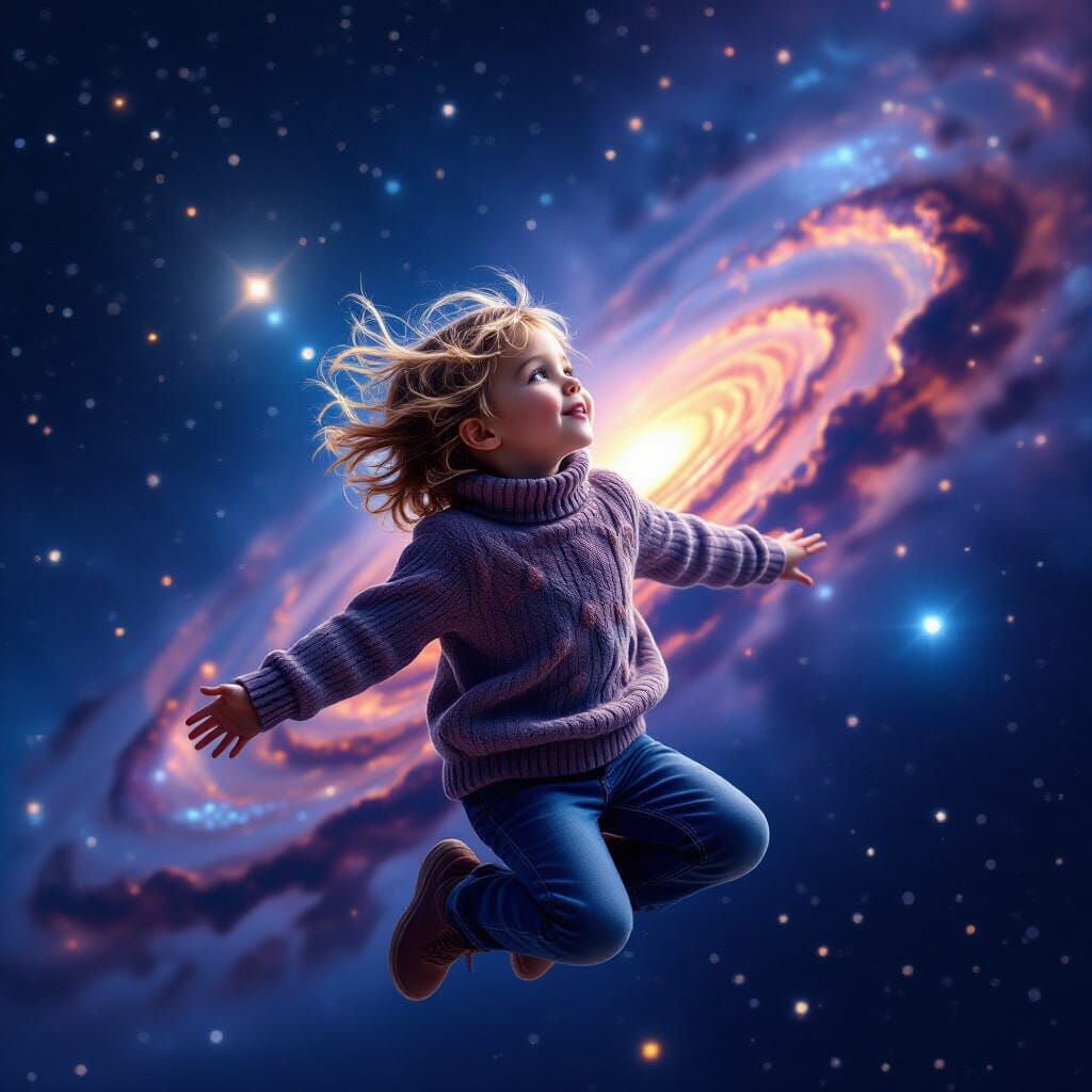 Child Floating Towards Cosmos in Hyperrealistic Style