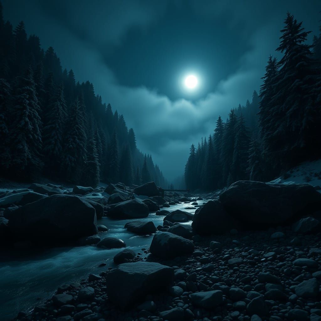 Midnight Winter Wonderland in Snowy Mountains