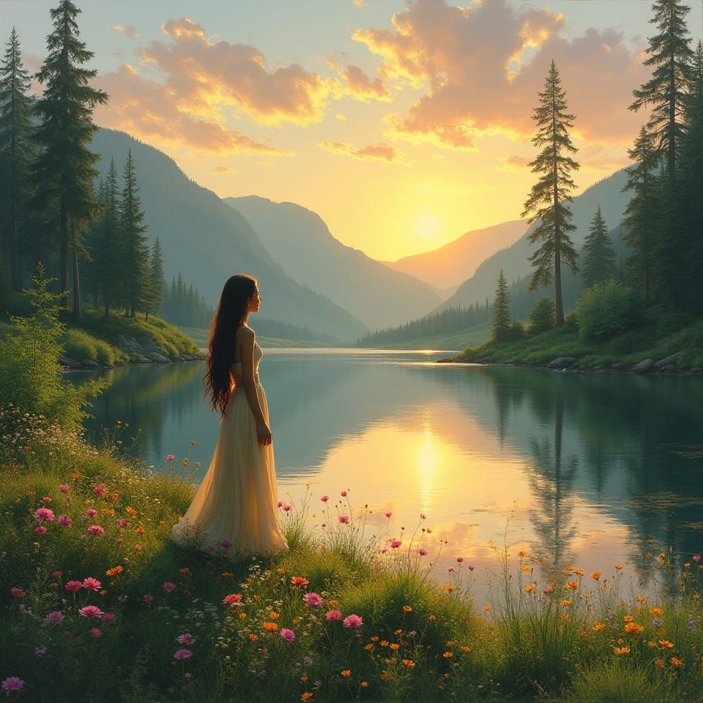 A Beautiful Serene Landscape at Sunset in Soft Impressionist...