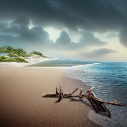 Dramatic Deserted Beach with Driftwood: Digital Matte Painti...