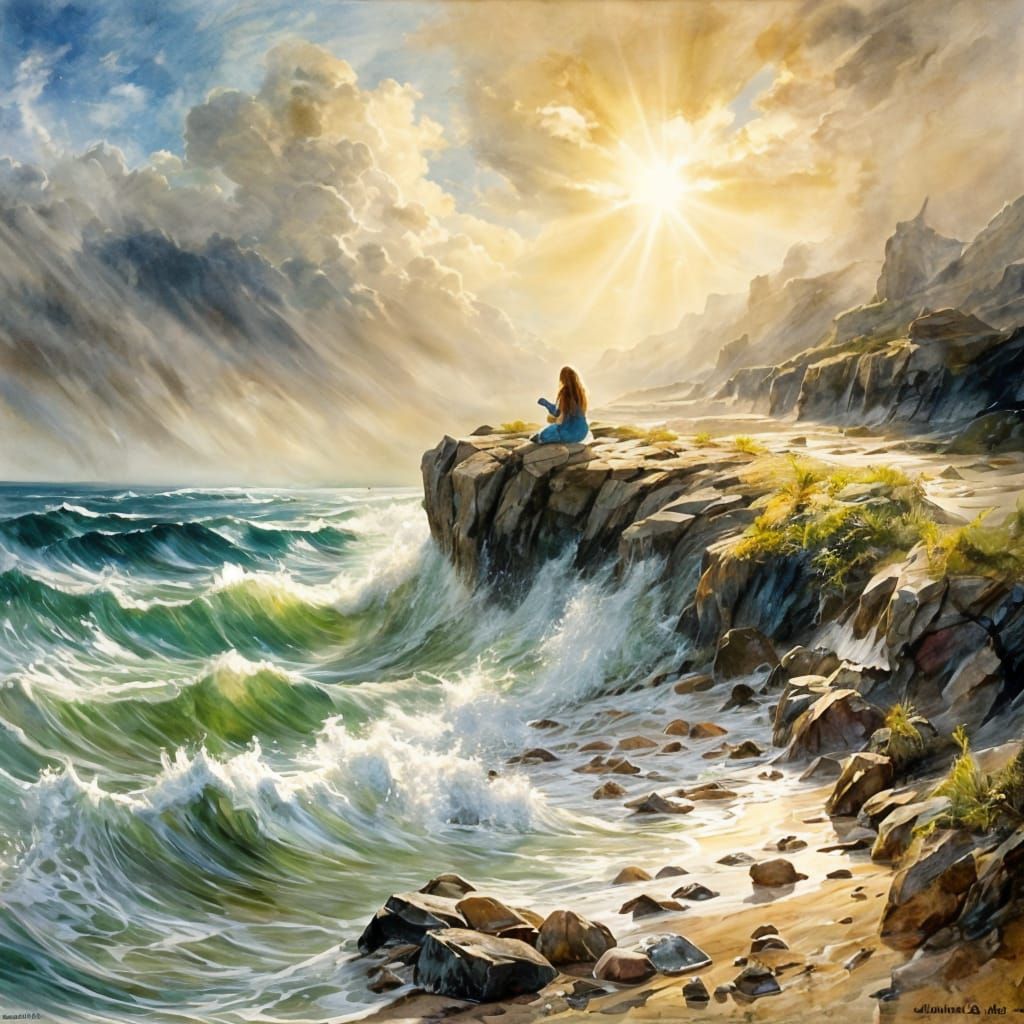 Woman Watches Gulls on Windy Beach in Watercolour