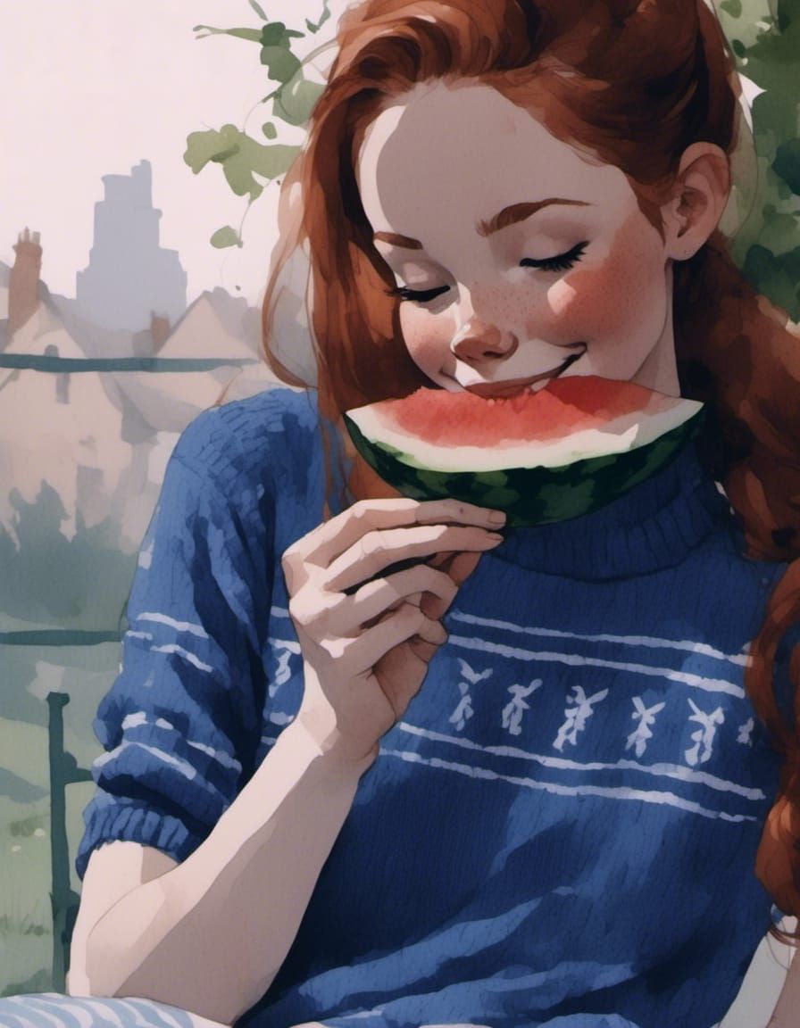 Fox-girl Eating a slice of watermelon.