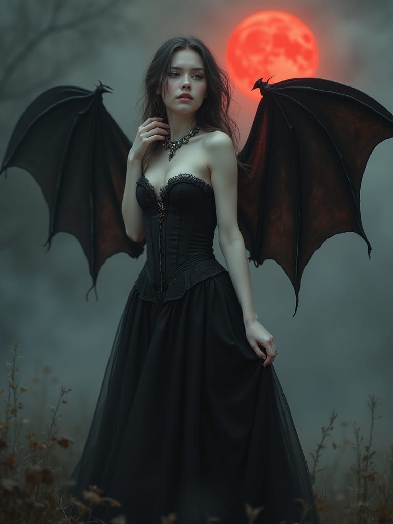 Gothic Woman with Bat Wings in Painterly Style