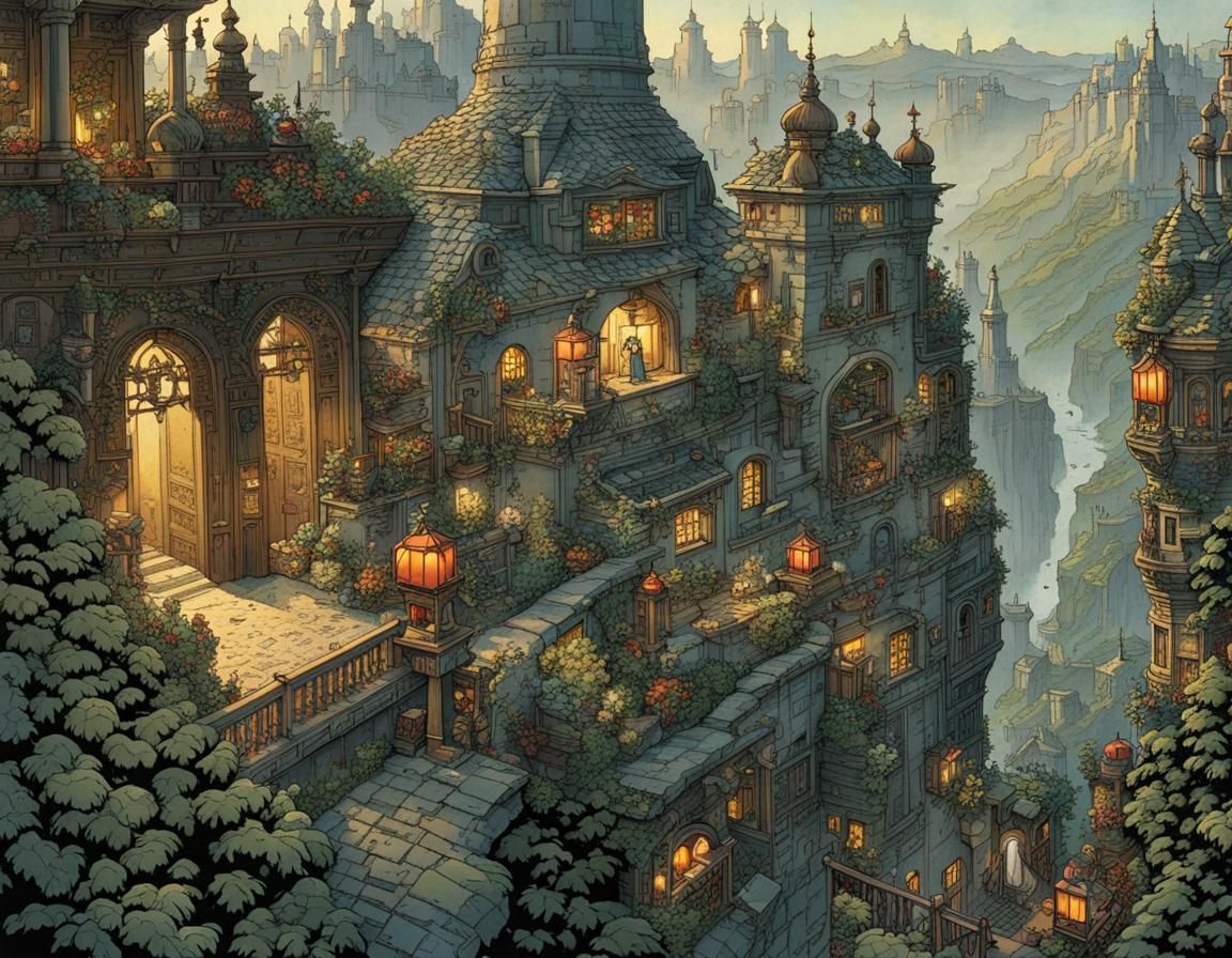 Siblings in Roof Garden, Intricate Illustration