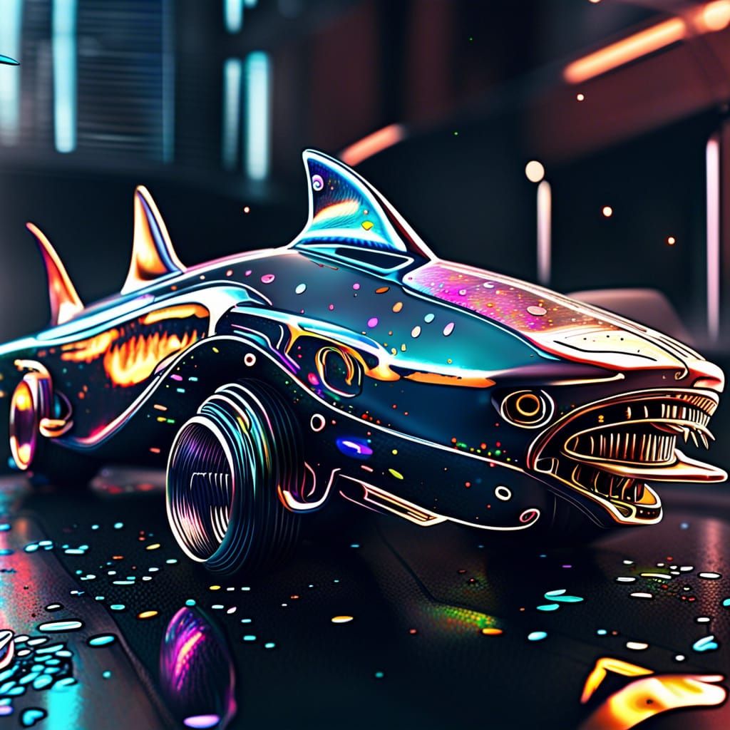 Shark on Car in Astral Illustration Style