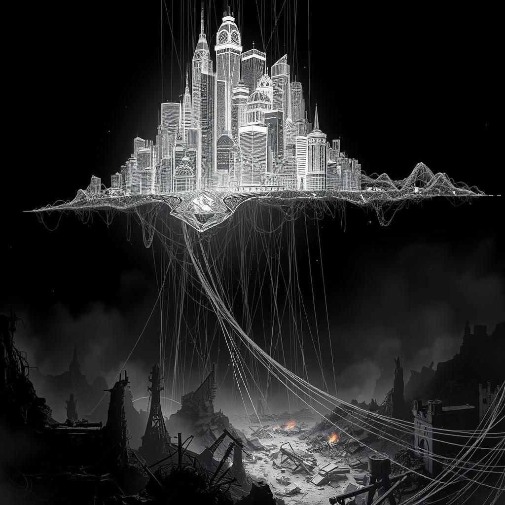 Ethereal City Above War-Torn Landscape in Dreamlike Scene