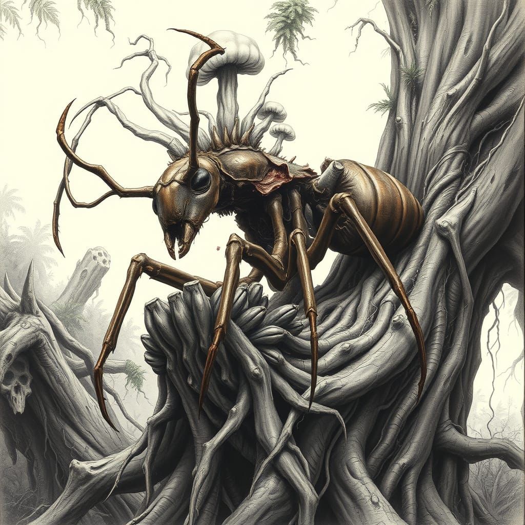 Gargantuan, Foreboding Bull Ant Infected by Cordyceps Fungus...